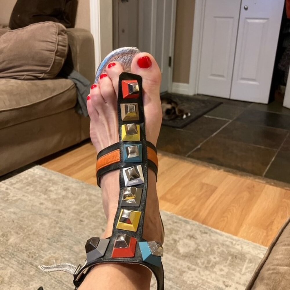 Colorful studded sandals with ankle strap